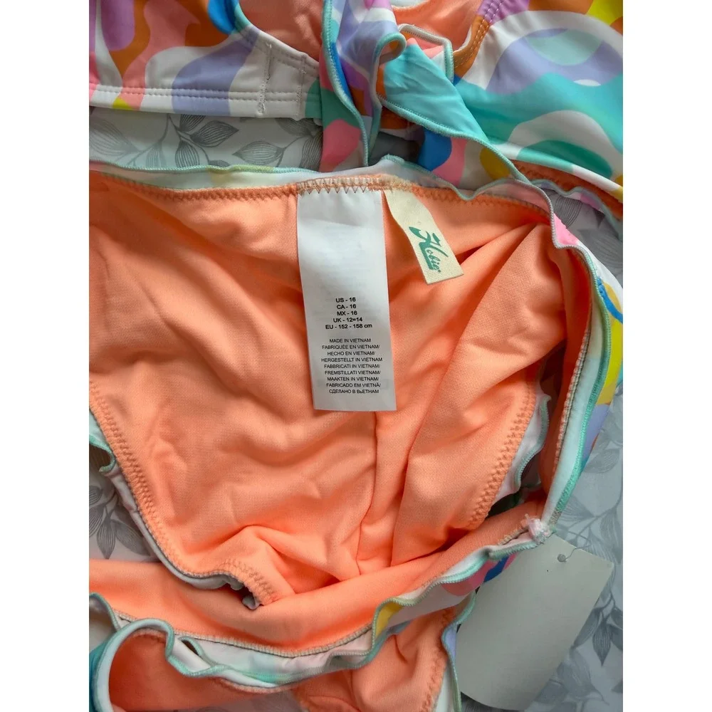 Hobie Girls Multicolor Pastel Swirl Bikini 2 Piece Swimsuit Set Ruffle Size 16